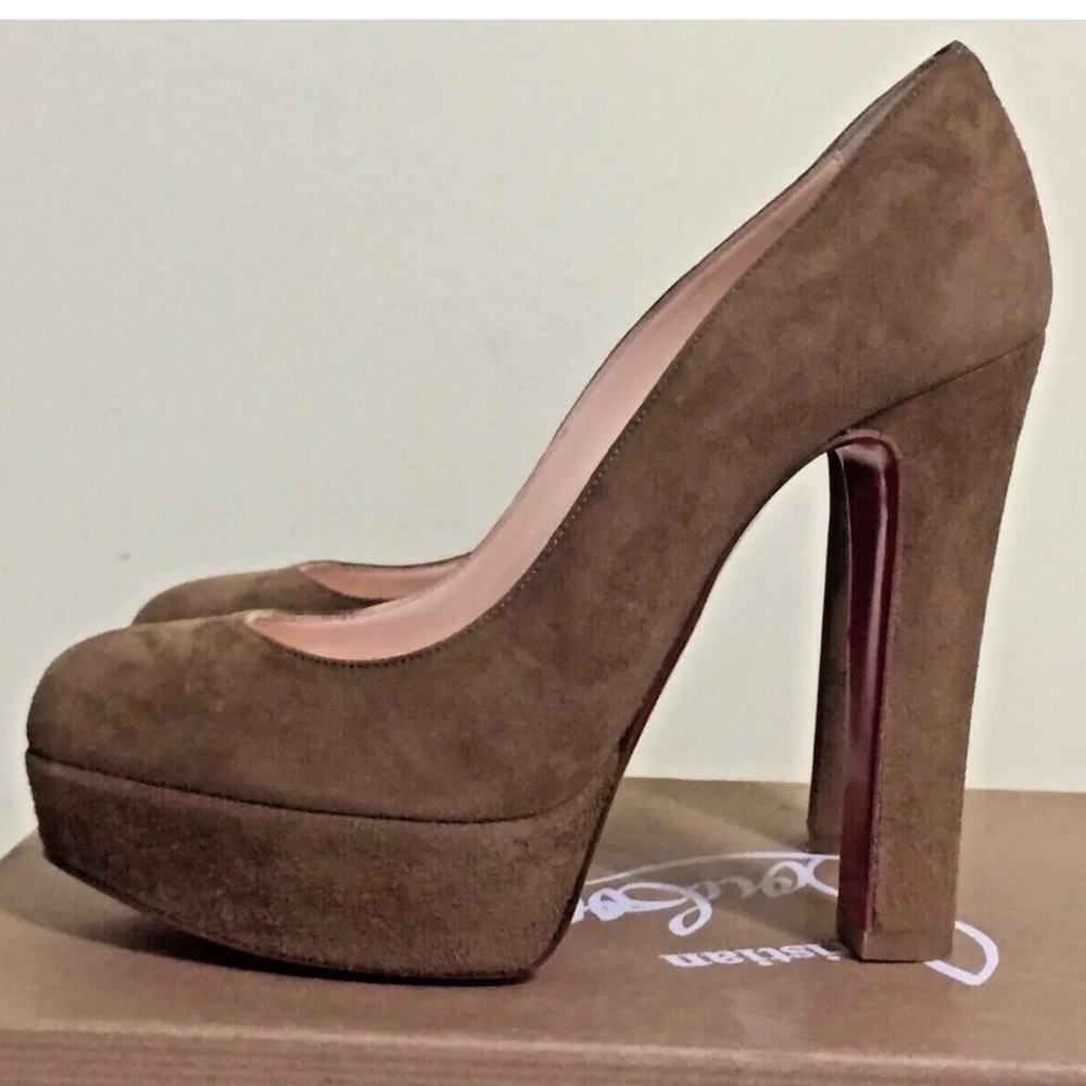 CHRISTIAN LOUBOUTIN BIBI camel beige suede platform red sole pumps heels 34.5 - Picture 5 of 9